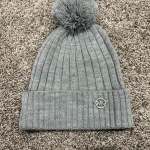 Michael Kors Gray Ribbed Knit Pom Pom Beanie Silver MK Logo Hat